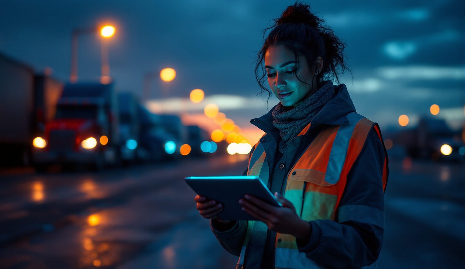 Fleet operator at a depot at dusk using Elara