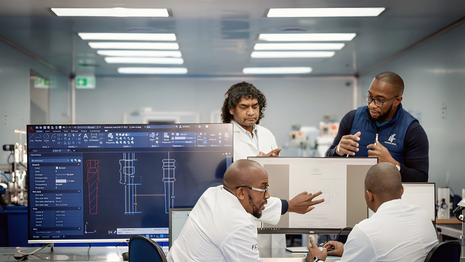 Elara-Cortex scientists and engineers reviewing a precision medical-device design in the clean room