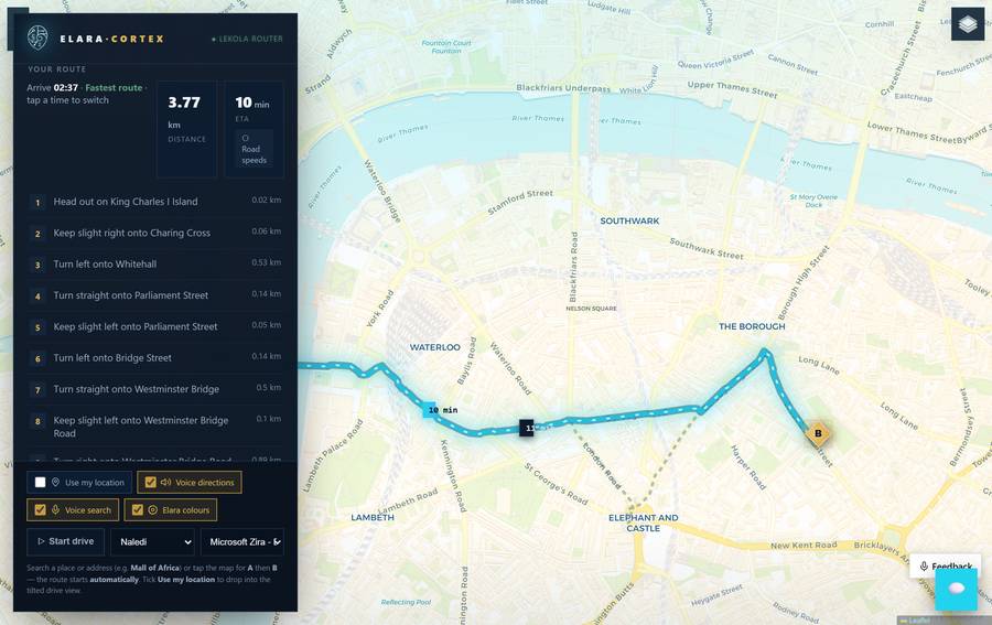 A→B with alternatives + ETAs, the glowing Elara route