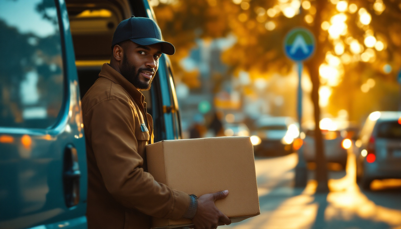 A courier loading parcels into a delivery van at golden hour