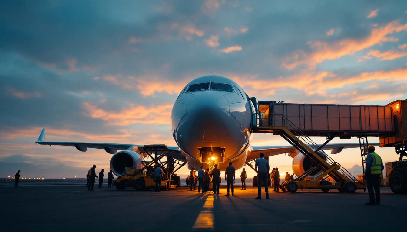 Ground crew loading a cargo aircraft at dawn