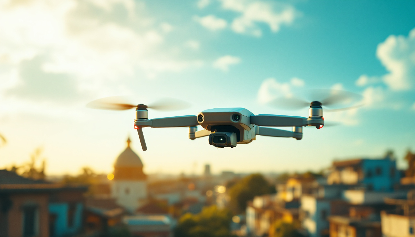 A delivery drone flying over a city neighbourhood
