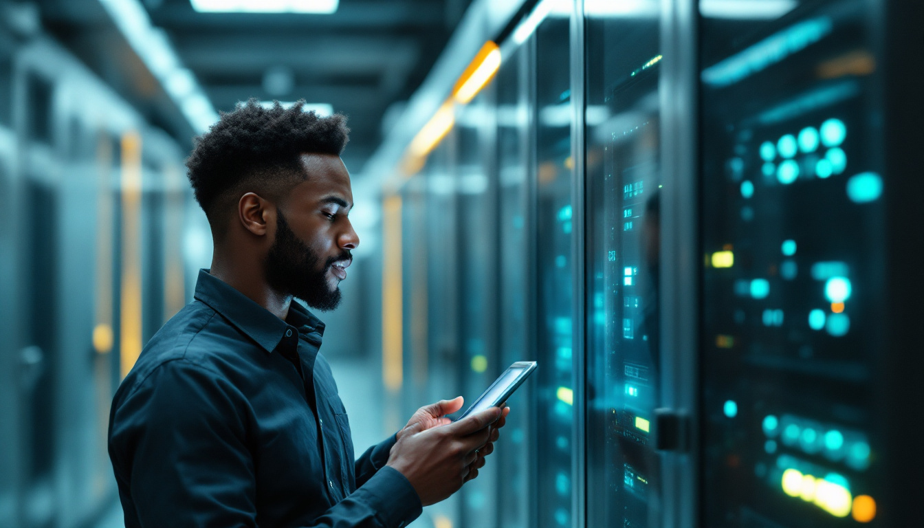 One engineer checking a single compact server that carries the workload of many