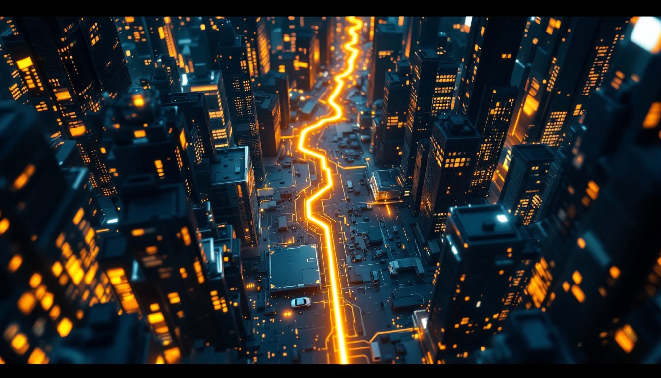 A route drawn across a city map
