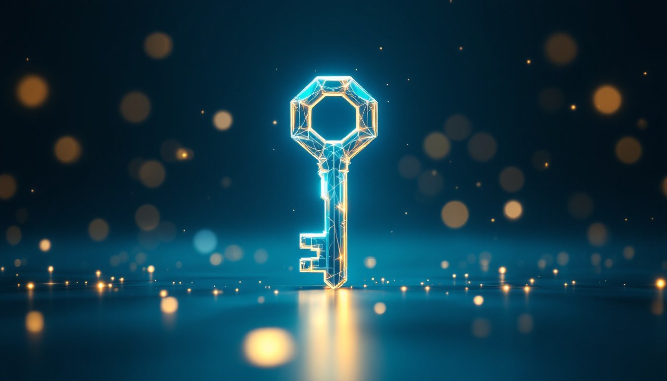 A glowing cyan and gold key, your account and API keys held securely