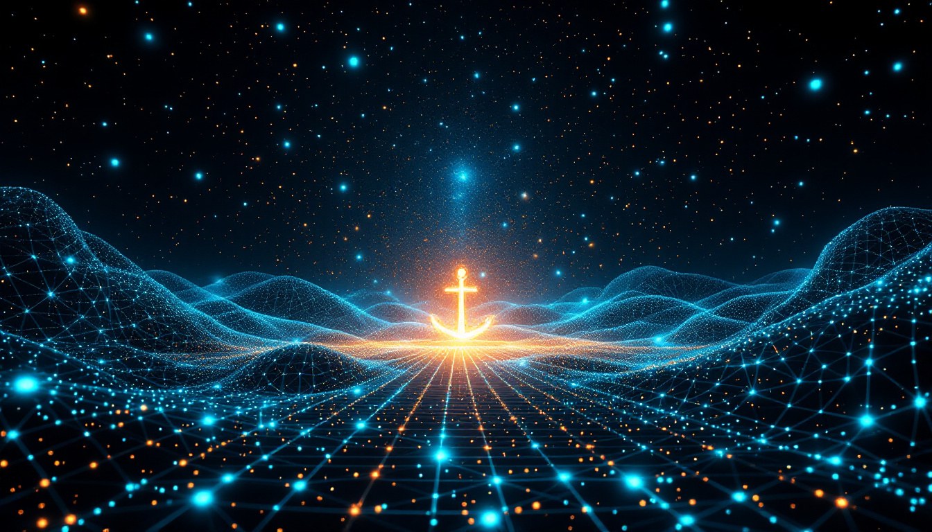 A cyan memory lattice with a glowing gold anchor at its centre, the whole problem held in mind and anchored