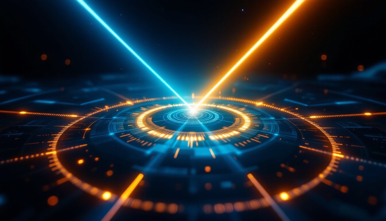 Two beams, cyan and gold, converging on a verification disc, every answer checked twice